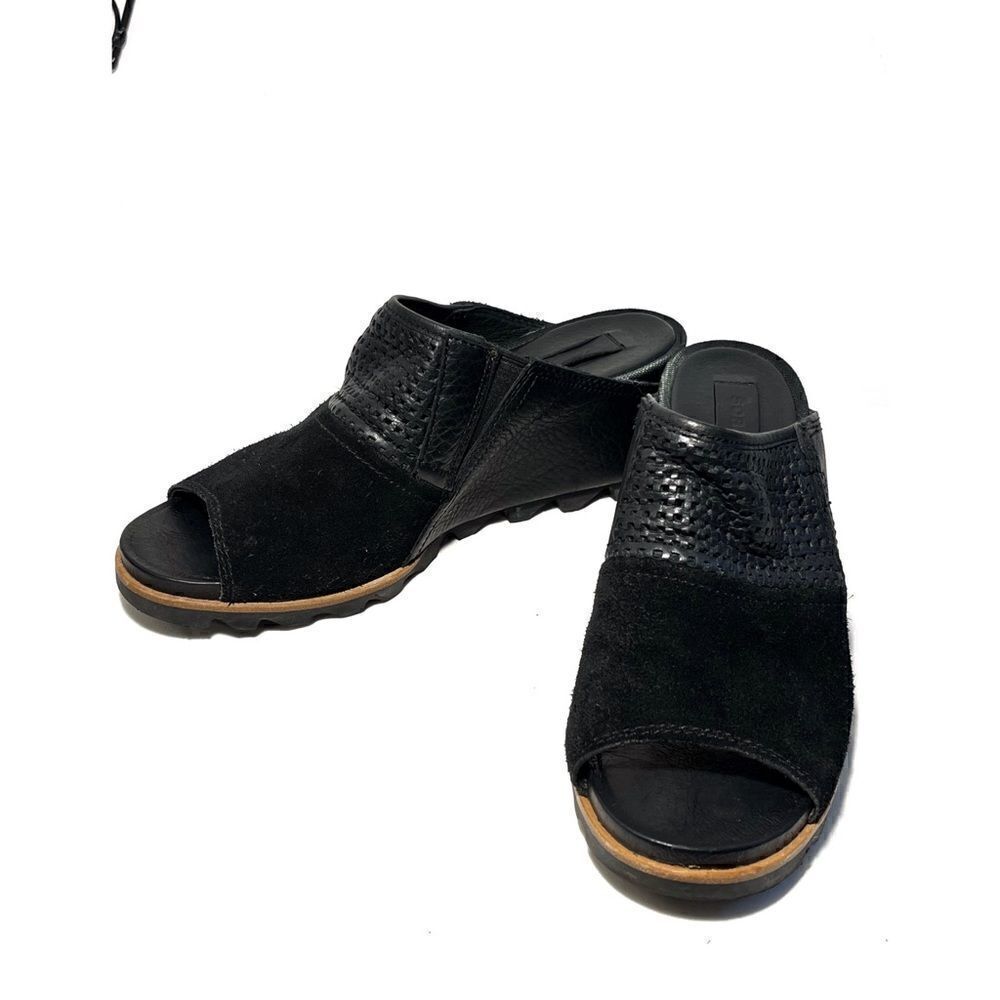 Sorel Joanie Black Suede and Laser Cut Leather Slide Mules - Picture 4 of 13